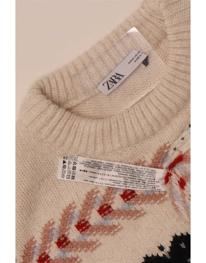 Zara Ανδρικό πουλόβερ με λαιμόκοψη με λαιμόκοψη Medium Off White Fair Isle Acrylic