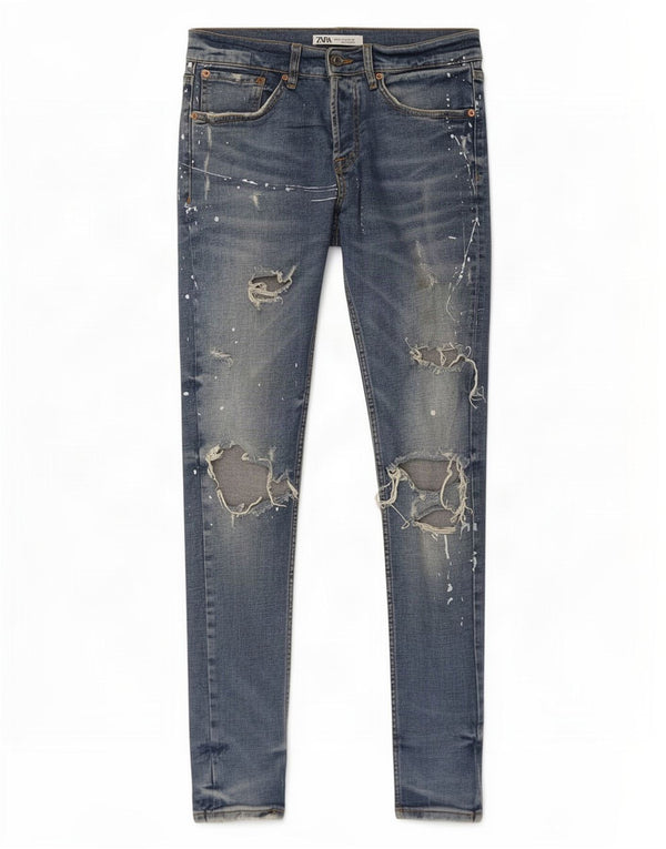 Zara Mens Distressed Slim Jeans EU 38 Small W28 L30 Blue Cotton