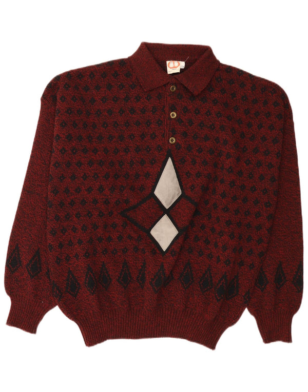 Vintage Mens Polo Neck Jumper Sweater IT 54 XL Burgundy Argyle/Diamond Wool