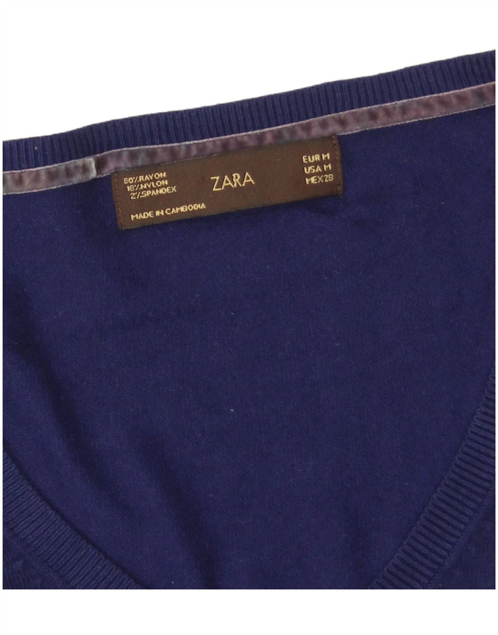 Γυναικείο πουλόβερ Zara με V λαιμόκοψη UK 12 Medium Navy Blue Rayon