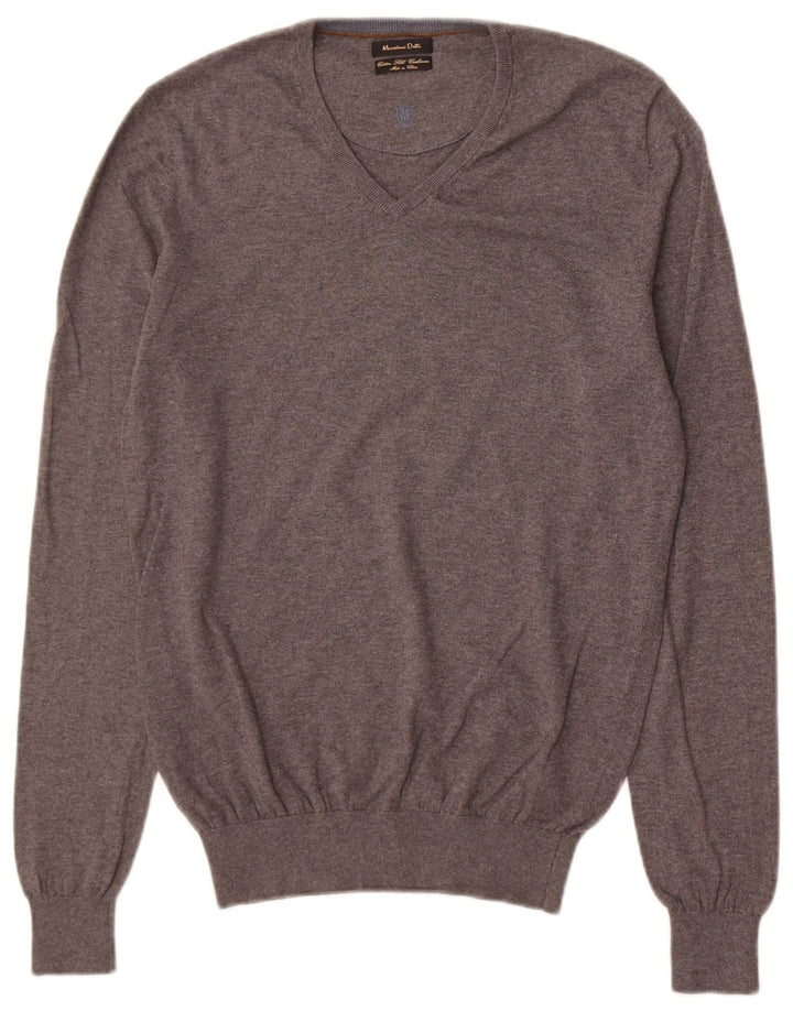 Ανδρικό πουλόβερ Massimo Dutti με V λαιμόκοψη, μικρό γκρι βαμβακερό