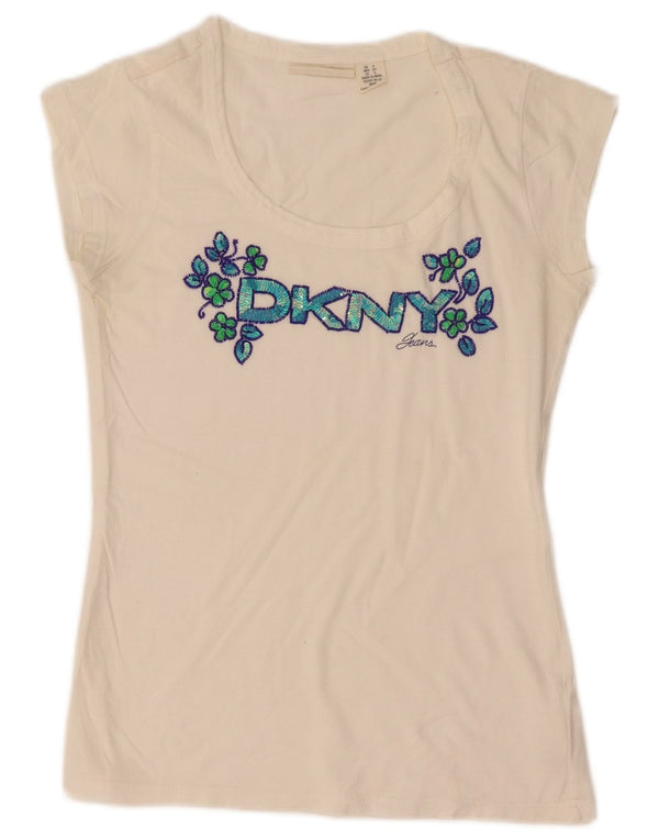 Dkny Γυναικείο T-Shirt Top UK 8 Small White Floral Βαμβακερό