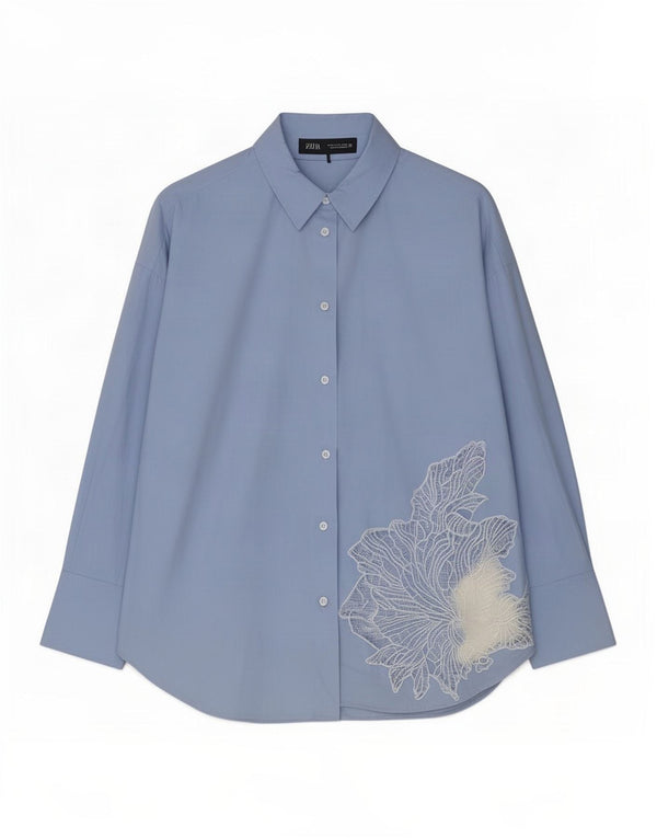 Zara Γυναικείο πουκάμισο Relaxed Fit UK 14 Medium Blue Floral Βαμβακερό