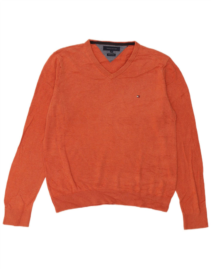 Ανδρικό πουλόβερ Tommy Hilfiger με V λαιμόκοψη, μικρό πορτοκαλί βαμβακερό