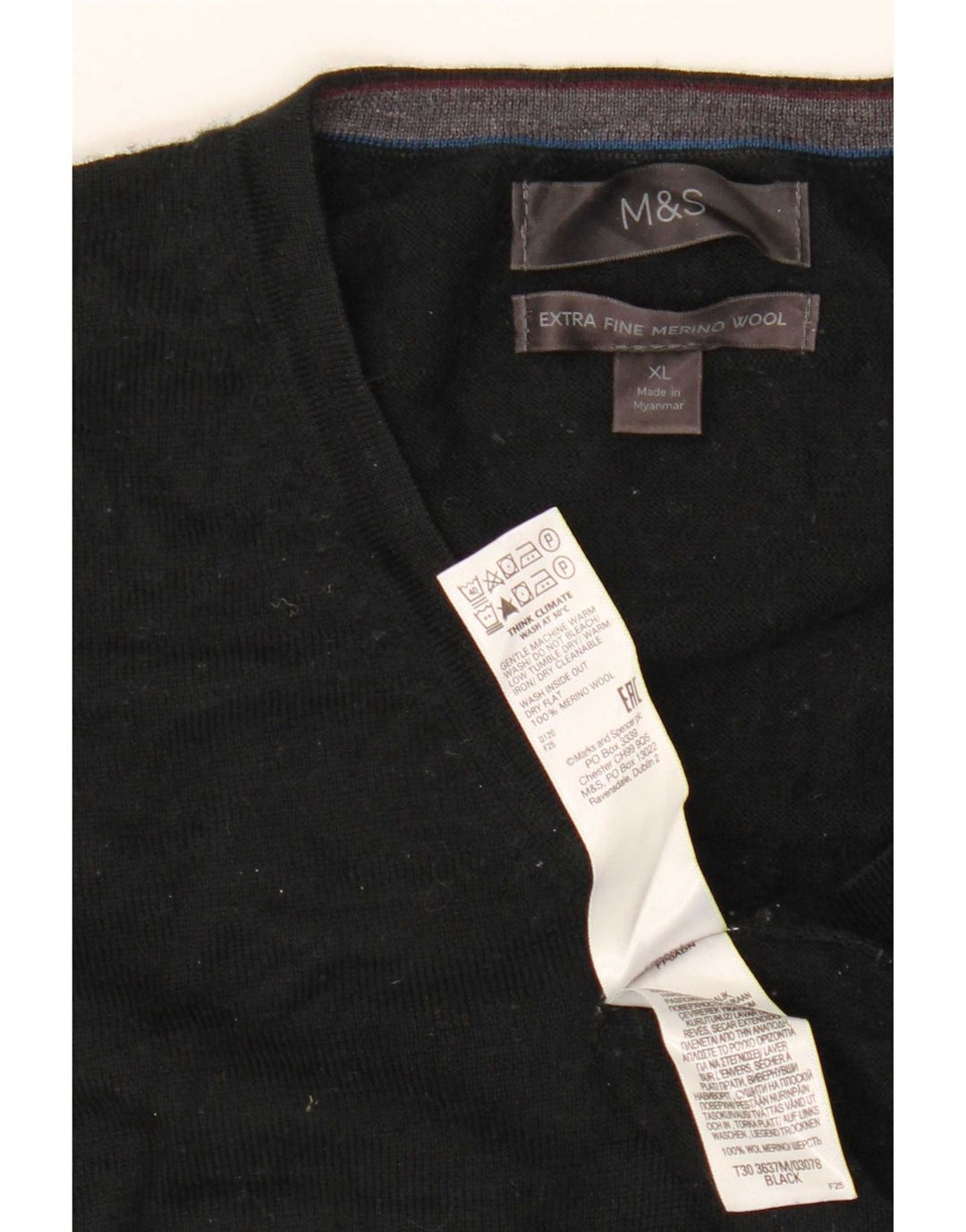 Marks & Spencer Ανδρικό πουλόβερ με λαιμόκοψη με λαιμόκοψη XL μαύρο μαλλί μερινό