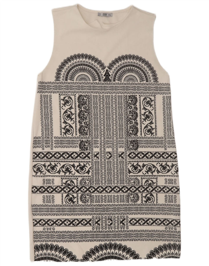 Zara Γυναικείο Αμάνικο Φόρεμα Shift UK 12 Medium White Geometric