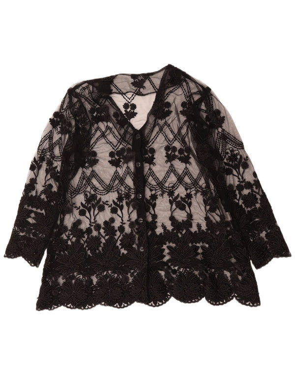 Vintage γυναικεία δαντέλα See Through Cardigan Top UK 14 Large Black Floral