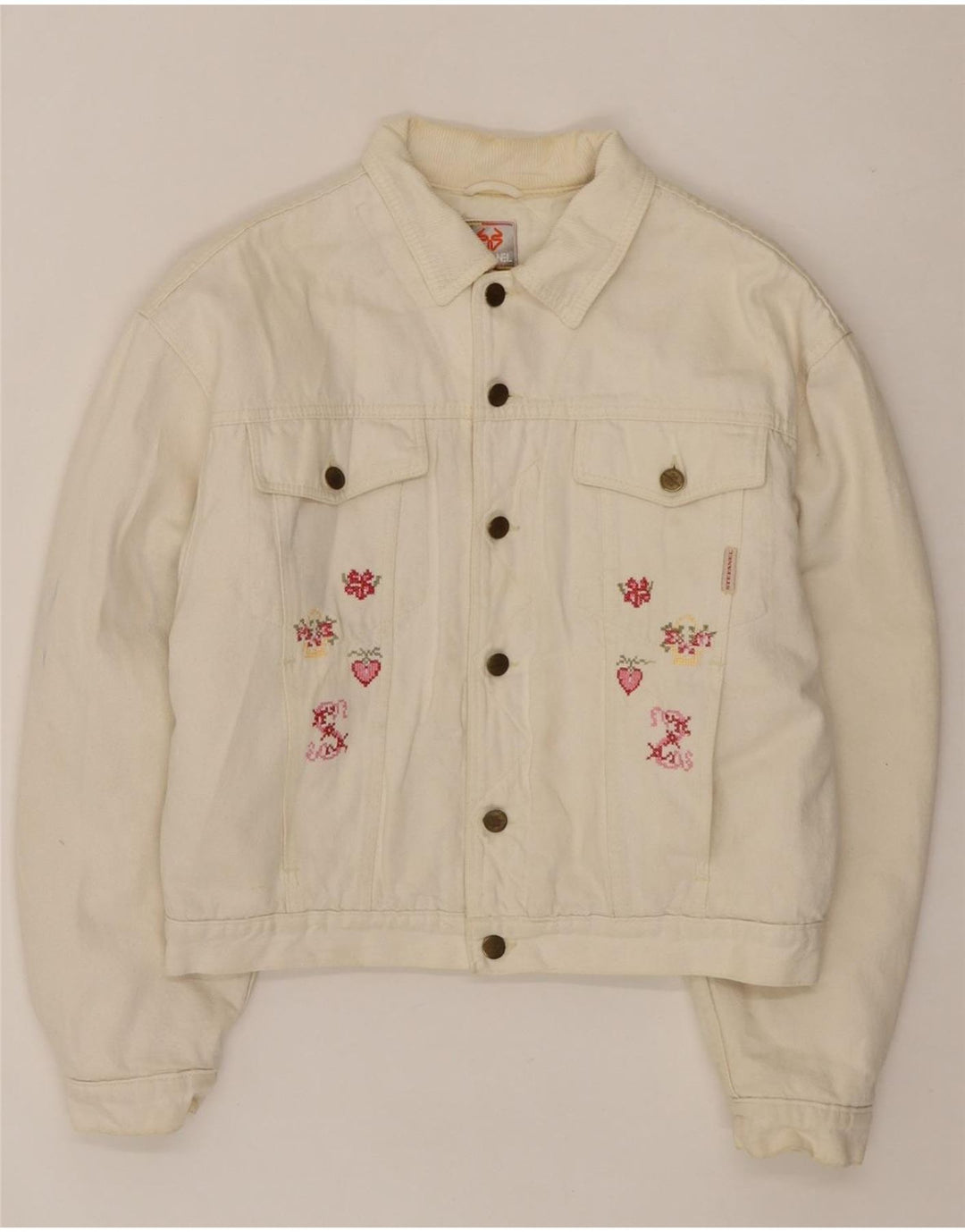 STEFANEL Womens Denim Jacket IT 48 XL Off White Floral Cotton Vintage Stefanel and Second-Hand Stefanel from Messina Hembry 
