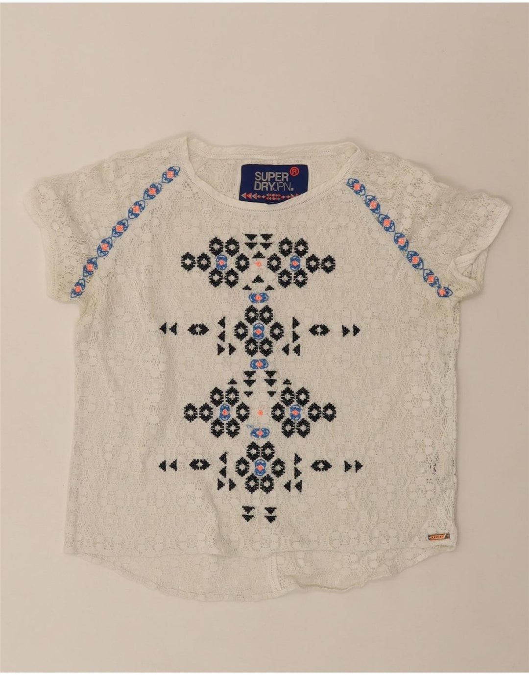 SUPERDRY Womens See Through Lace Blouse Top UK 10 Small White Geometric Vintage Superdry and Second-Hand Superdry from Messina Hembry 