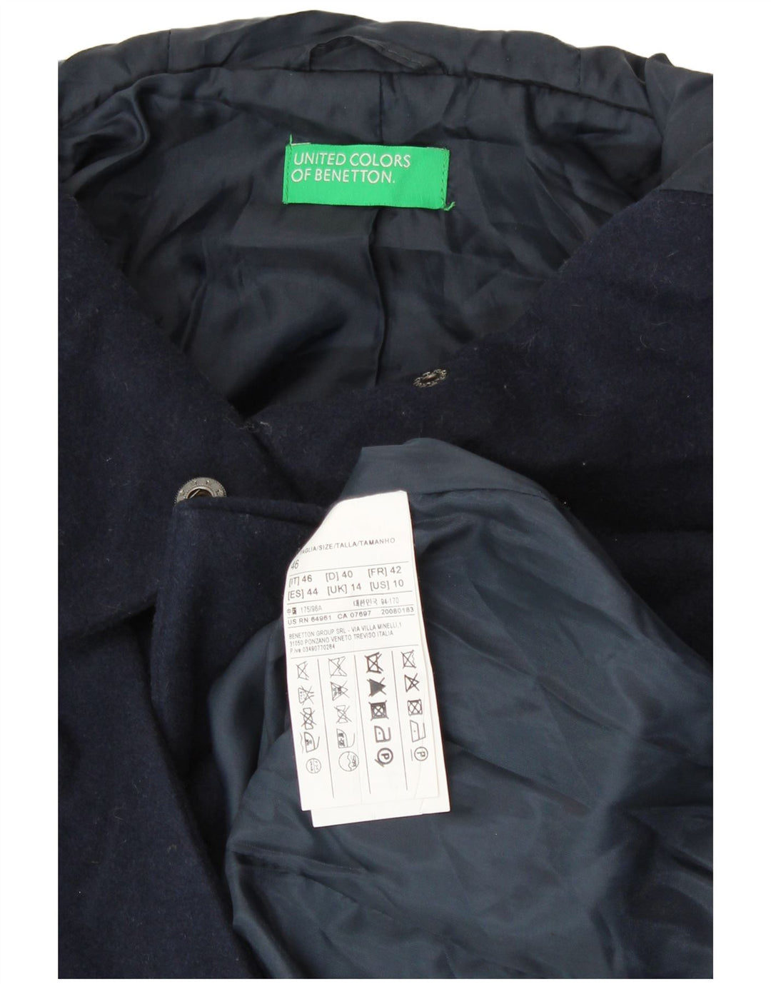 BENETTON Γυναικείο παλτό Duffle με κουκούλα UK 14 Large Navy Blue Wool