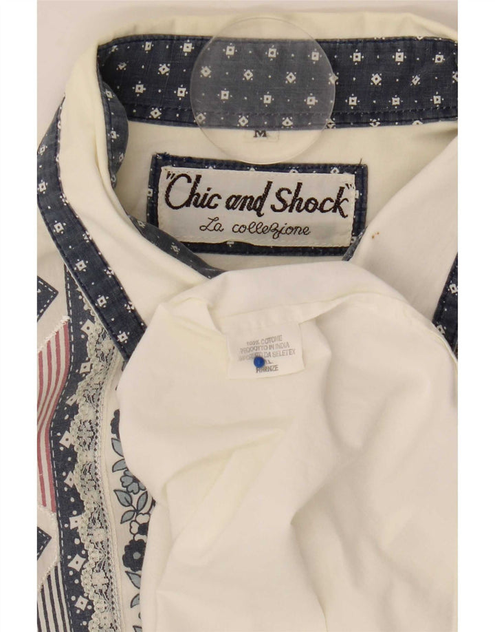 Vintage Γυναικείο πουκάμισο Oversized Μπλούζα UK 14 Μεσαίο λευκό γεωμετρικό βαμβάκι