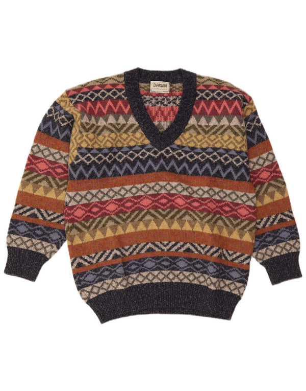 Darwin Mens V-Neck Jumper Sweater Medium Multicoloured Fair Isle Wool