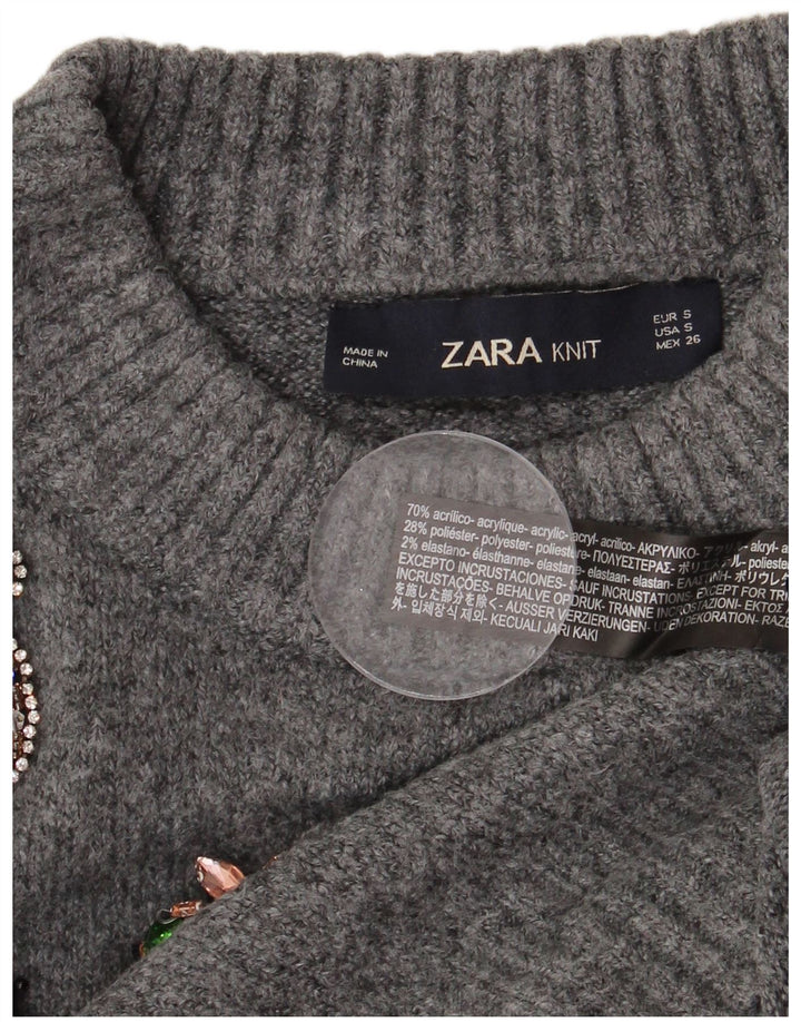 Zara γυναικείο υπερμεγέθη γραφικό πουλόβερ με λαιμόκοψη UK 10 Small Grey