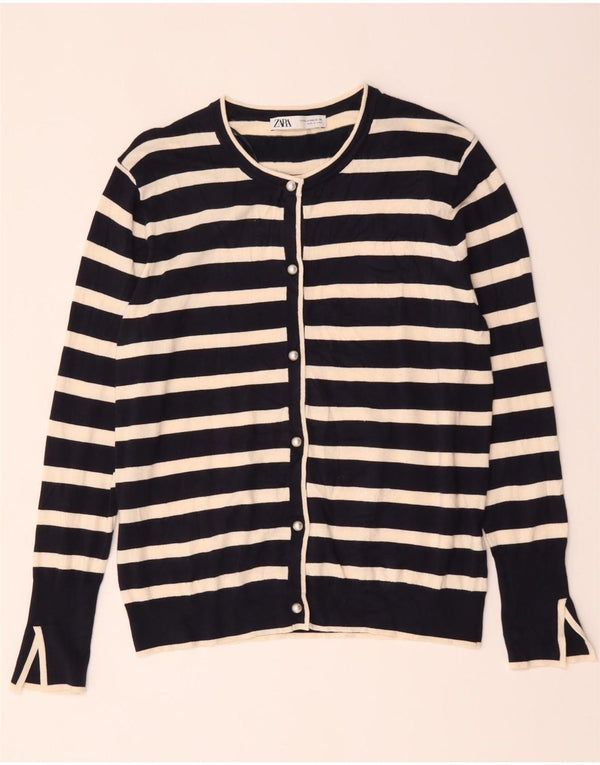 Zara Γυναικεία ζακέτα πουλόβερ UK 20 2XL Navy Blue ριγέ βισκόζη