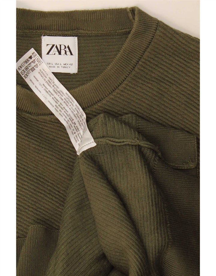 Ανδρικό πουλόβερ Zara Crew Neck Jumper Μεγάλο Χακί Βαμβακερό