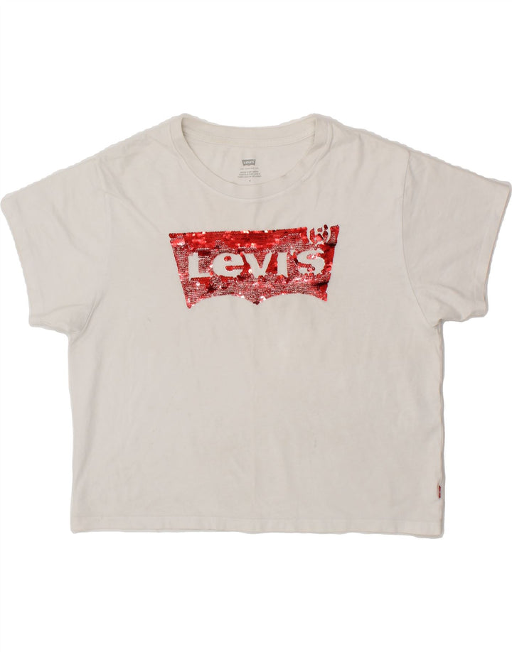 LEVI'S Womens Crop Graphic T-Shirt Top UK 14 Medium White Vintage Levi's and Second-Hand Levi's from Messina Hembry 