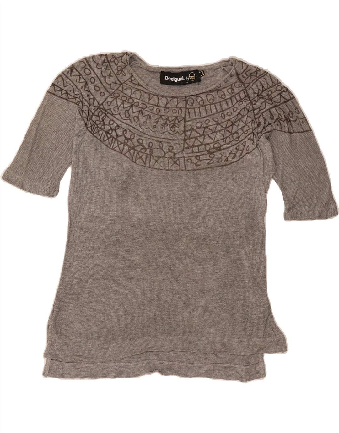 DESIGUAL Womens Graphic T-Shirt Top UK 12 Medium Grey Vintage Desigual and Second-Hand Desigual from Messina Hembry 
