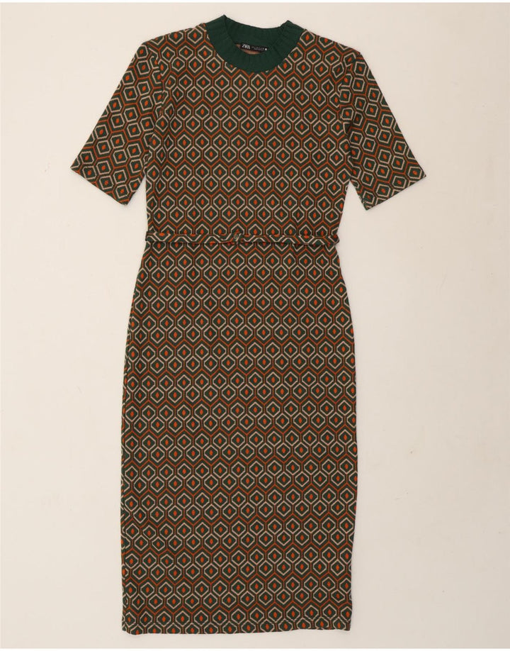 Zara Γυναικείο φόρεμα με θήκη UK 10 Small Green Geometric Polyester