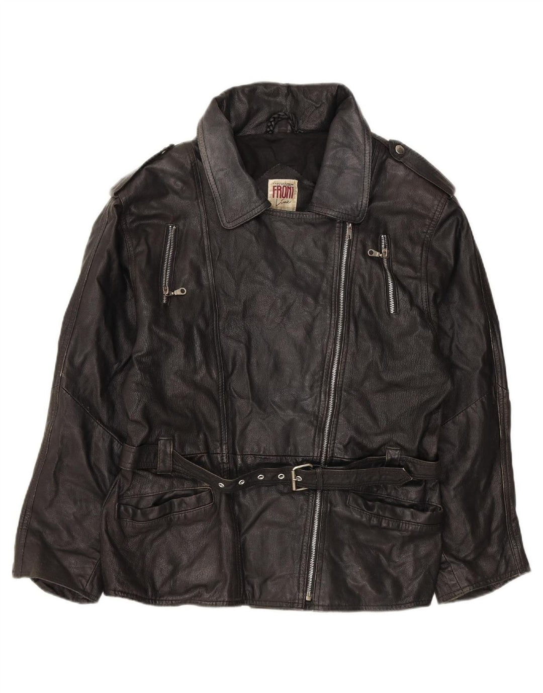 FRONT LINE Womens Leather Biker Jacket UK 14 Medium Black Leather Vintage Front Line and Second-Hand Front Line from Messina Hembry 
