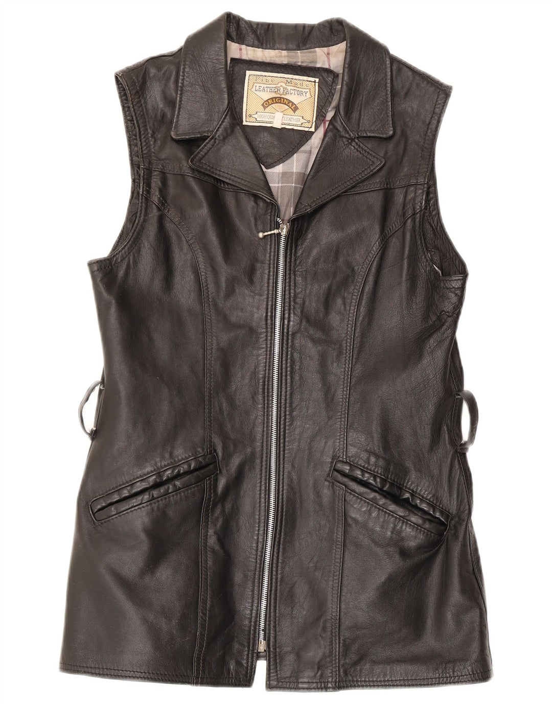 Vintage γυναικείο δερμάτινο Gilet UK 14 Large μαύρο δέρμα