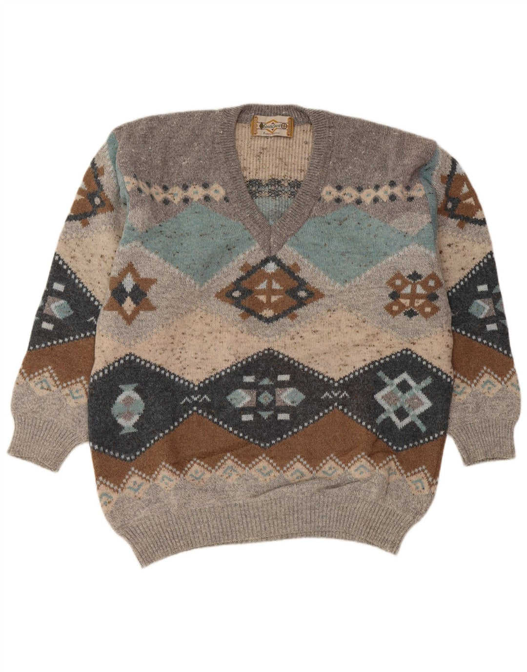 SOUTH COAST Ανδρικό πουλόβερ με λαιμόκοψη IT 54 XL Γκρι Fair Isle Wool