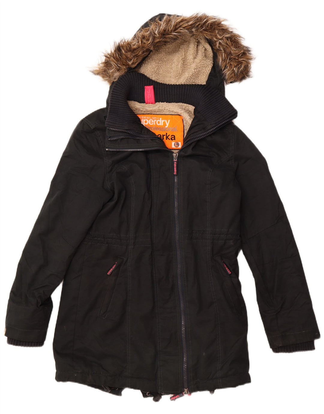 Γυναικείο SUPERDRY Windparka γραφικό μπουφάν Parka με κουκούλα UK 14 μεγάλο μαύρο
