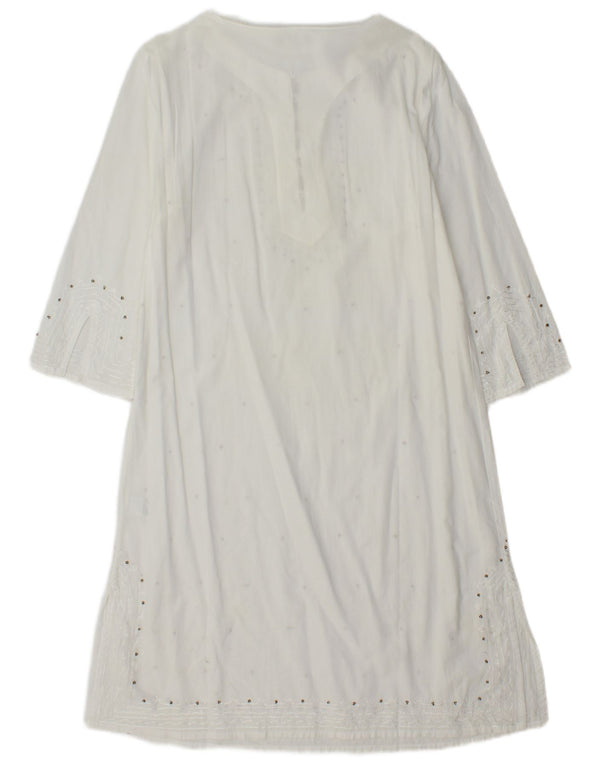 Vintage γυναικείο φόρεμα Kaftan με μανίκια 3/4 UK 12 μεσαία λευκά βαμβακερά στίγματα