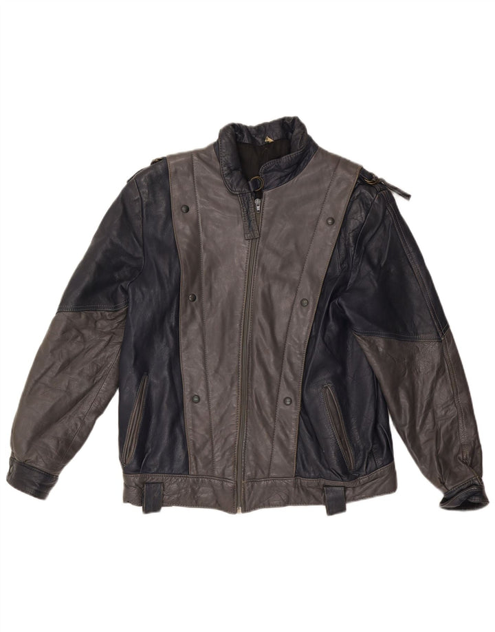 VINTAGE Γυναικείο Δερμάτινο Μπουφάν UK 14 Medium Grey Colourblock