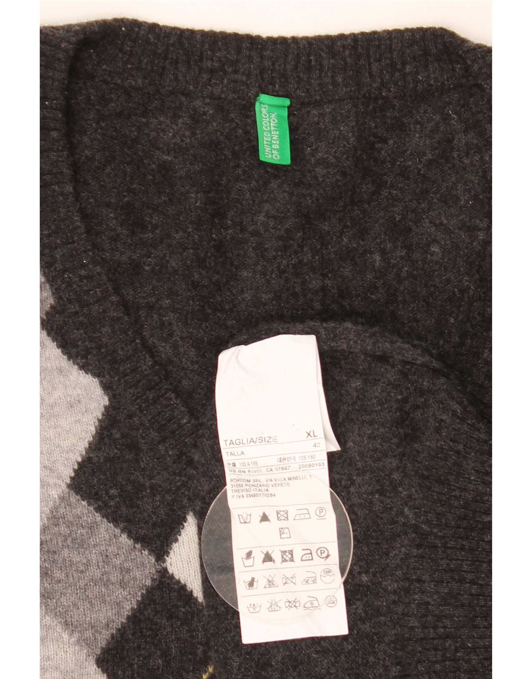 Ανδρικό πουλόβερ Benetton με V λαιμόκοψη XL Γκρι Argyle/Διαμαντένιο μαλλί