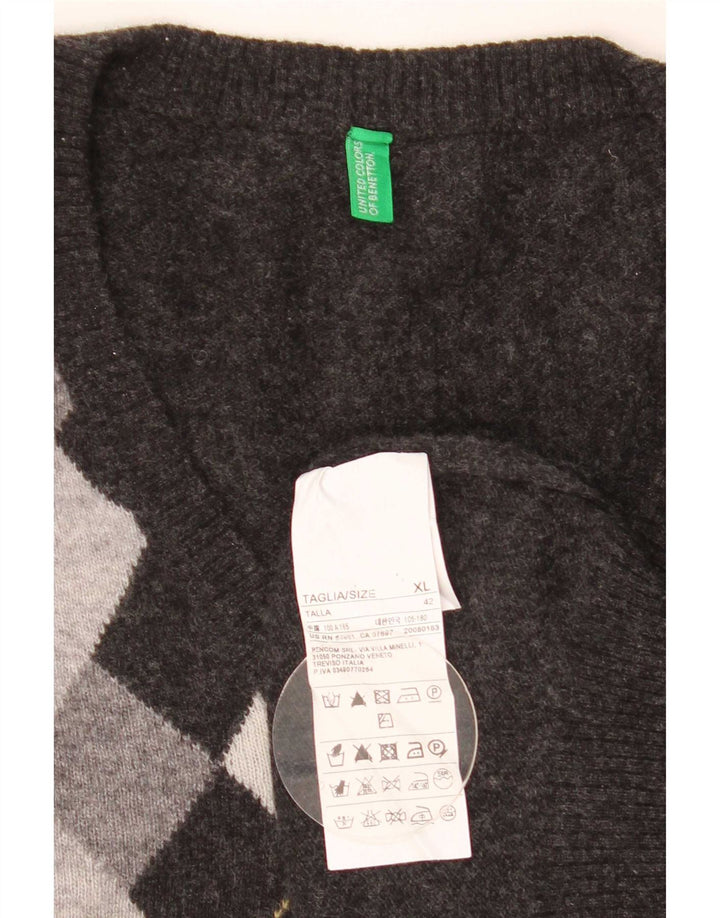 Ανδρικό πουλόβερ Benetton με V λαιμόκοψη XL Γκρι Argyle/Διαμαντένιο μαλλί