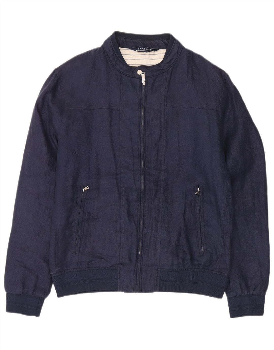 Zara Ανδρικό Bomber Jacket UK 40 Large Navy Blue Linen