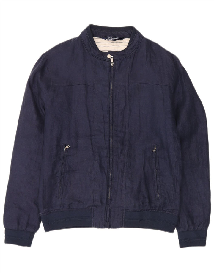 Zara Ανδρικό Bomber Jacket UK 40 Large Navy Blue Linen