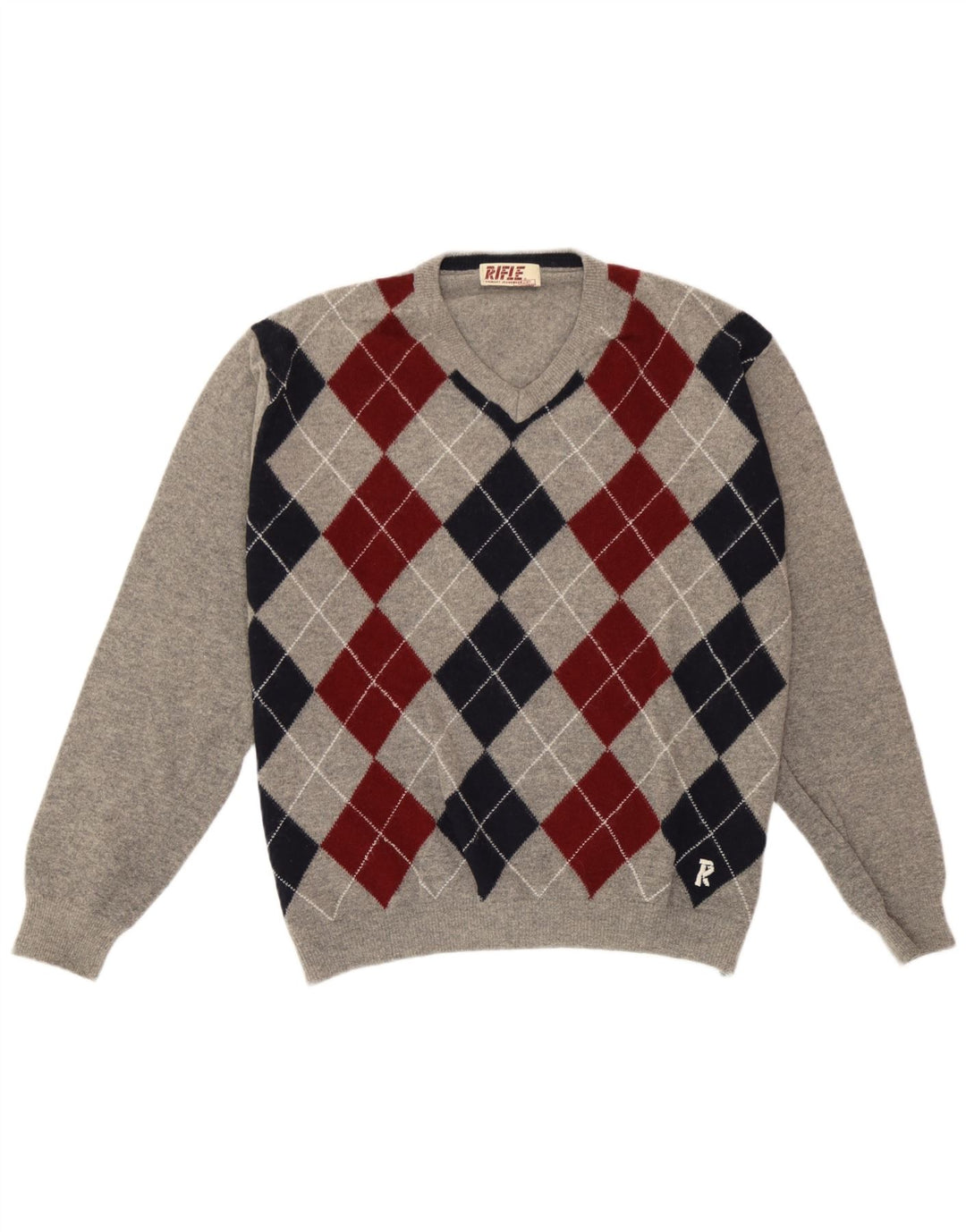 Rifle Ανδρικό πουλόβερ με λαιμόκοψη V Large Grey Argyle/Diamond Wool