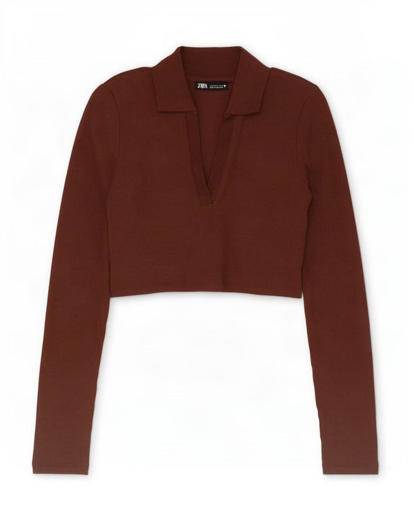 Zara Γυναικείο μακρυμάνικο μπλουζάκι πόλο UK 8 Small καφέ βαμβακερό