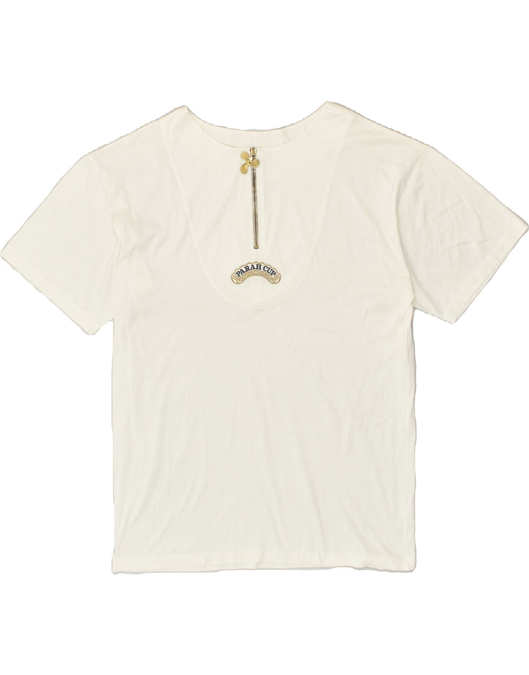 PARAH Womens Zip Neck Graphic T-Shirt Top UK 14 Large Off White Cotton | Vintage Parah | Thrift | Second-Hand Parah | Used Clothing | Messina Hembry 