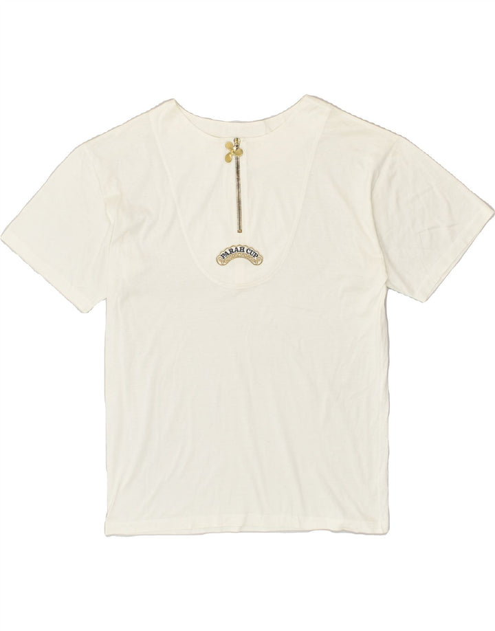 PARAH Womens Zip Neck Graphic T-Shirt Top UK 14 Large Off White Cotton | Vintage Parah | Thrift | Second-Hand Parah | Used Clothing | Messina Hembry 