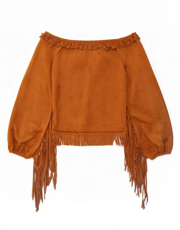 Vintage Γυναικείο Crop Off Shoulder Top 12 μεσαίου καφέ πολυεστέρας