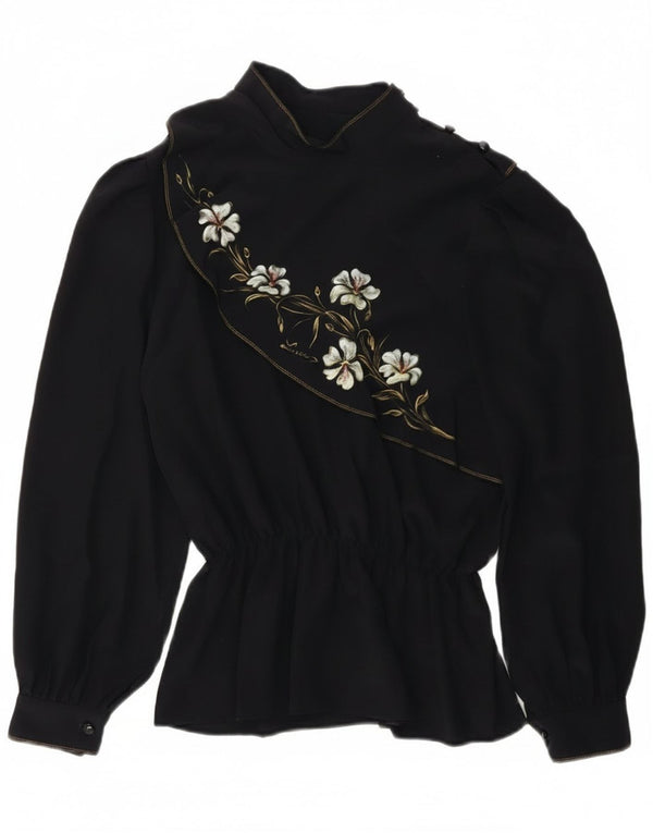 Vintage Womens Long Sleeve Blouse Top UK 14 Medium Navy Blue Floral