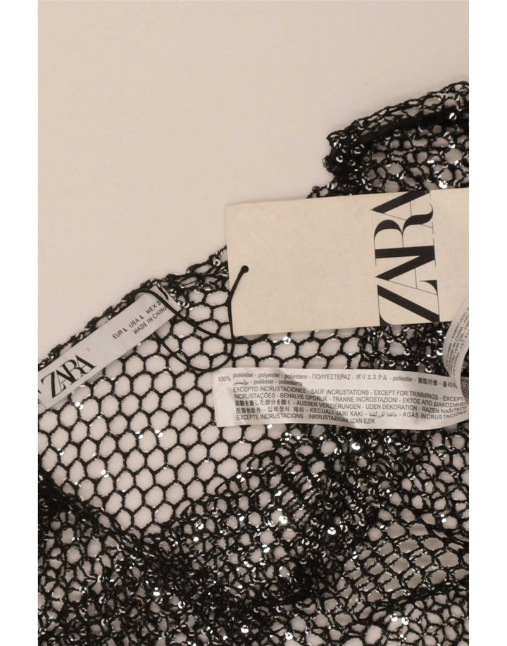 Zara Γυναικείο Crochet Crop Top UK 14 Large Μαύρο Πολυεστέρας