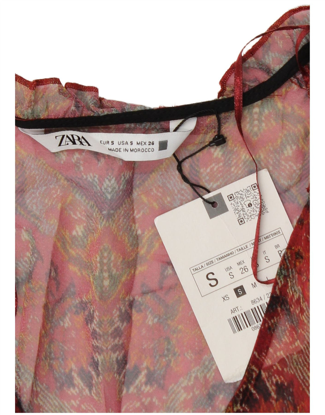 ZARA Γυναικείο See Through Μακρυμάνικο Τοπ UK 8 Small Red Floral