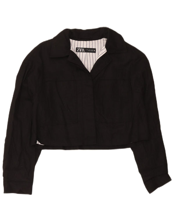 Zara Γυναικείο Crop Bomber Jacket UK 10 Medium Black Viscose