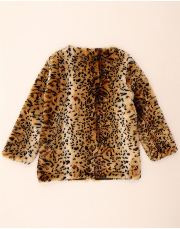 Vintage Womens Open Faux Fur Jacket UK 14 Medium Brown Animal Print