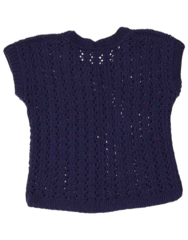 VINTAGE Γυναικείο Crop Boat Neck Jumper πουλόβερ UK 12 Medium Navy Blue