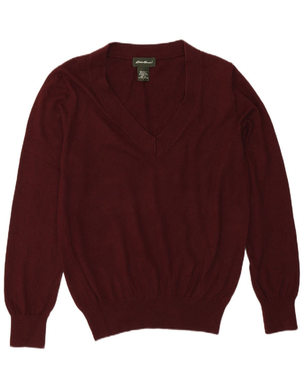 Eddie Bauer Womens V-Neck Jumper Sweater UK 16 Large Burgundy Cotton