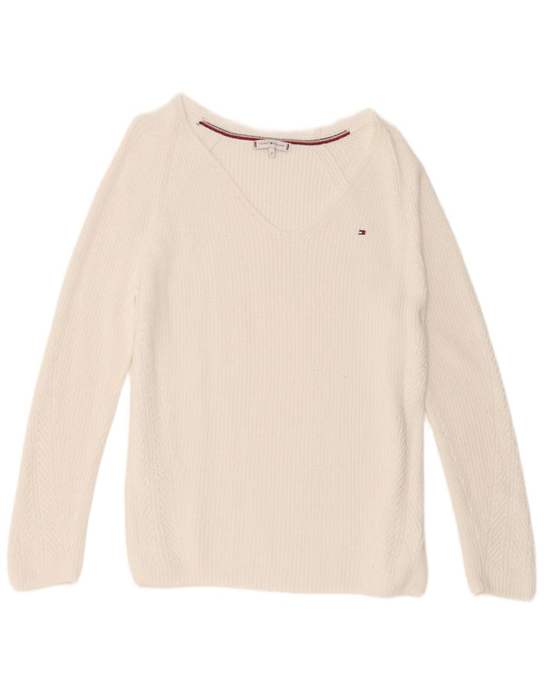 Tommy Hilfiger γυναικείο πουλόβερ με λαιμόκοψη με V λαιμόκοψη UK 14 μεσαίο λευκό βαμβακερό