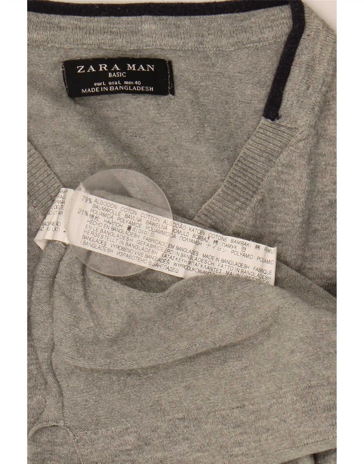 Ανδρικό πουλόβερ Zara με V λαιμόκοψη, μεγάλο γκρι βαμβακερό