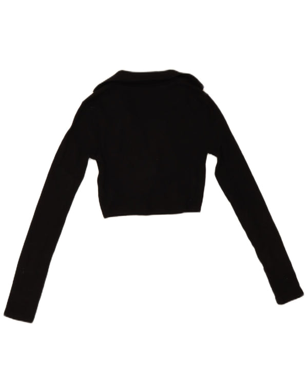 Zara Womens Long Sleeve Crop Polo Shirt UK 8 Small Black Cotton