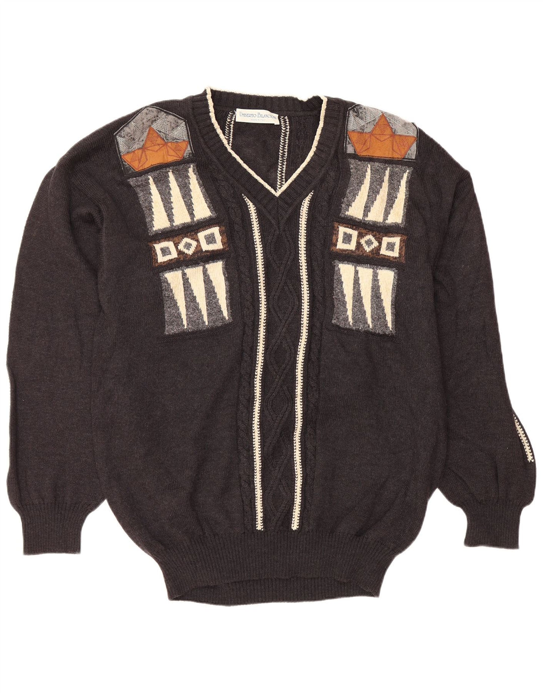 Ανδρικό πουλόβερ με λαιμόκοψη UMBERTO BILANCIONI 2XL Γκρι γεωμετρικό μαλλί