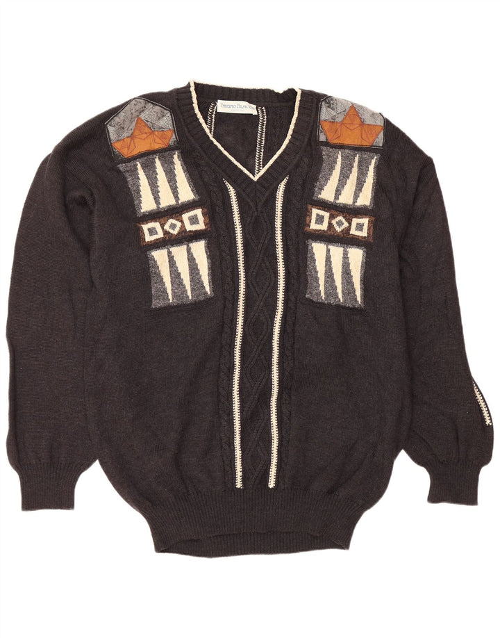 Ανδρικό πουλόβερ με λαιμόκοψη UMBERTO BILANCIONI 2XL Γκρι γεωμετρικό μαλλί