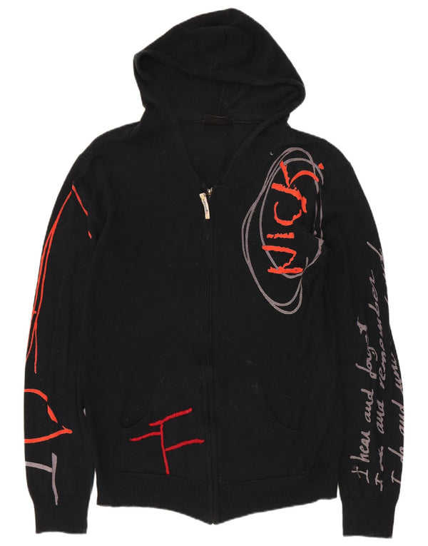 DESIGUAL Womens Graphic Hooded Cardigan Sweater UK 18 XL Black Cotton